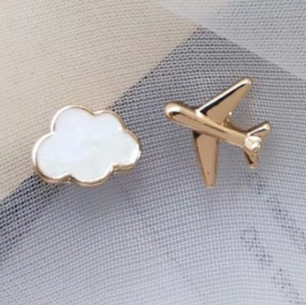 Cute Mini Asymmetry Airplane, White Cloud Enamel Stud Earrings ☁️✈️